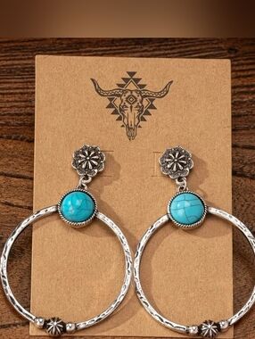 Turquoise Silver Hoop Earrings - Western Floral Design